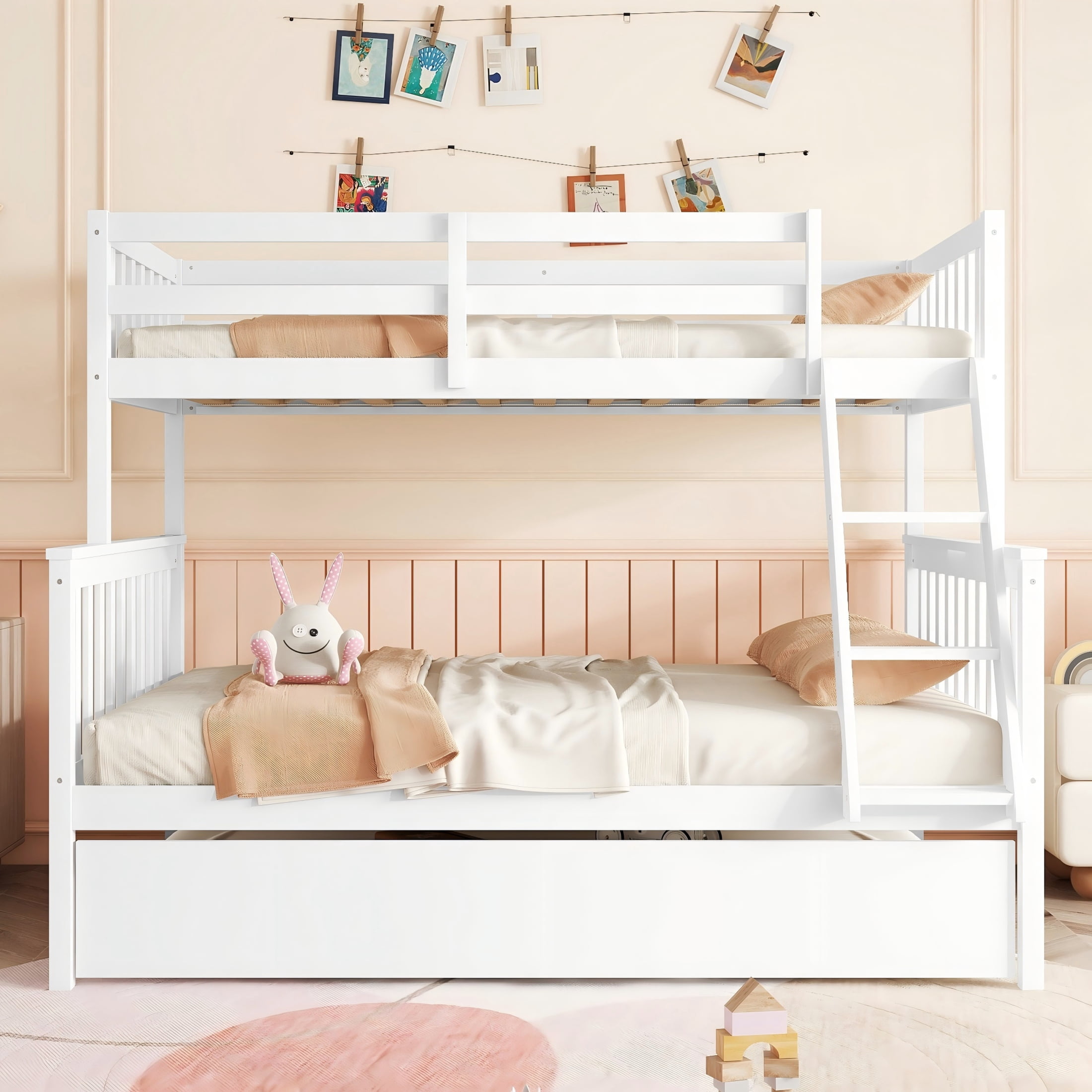 Alvantor Twin Over Full Wood Bunk Bed with Trundle, Convertible into Twin Size Beds for Teens Adults, White