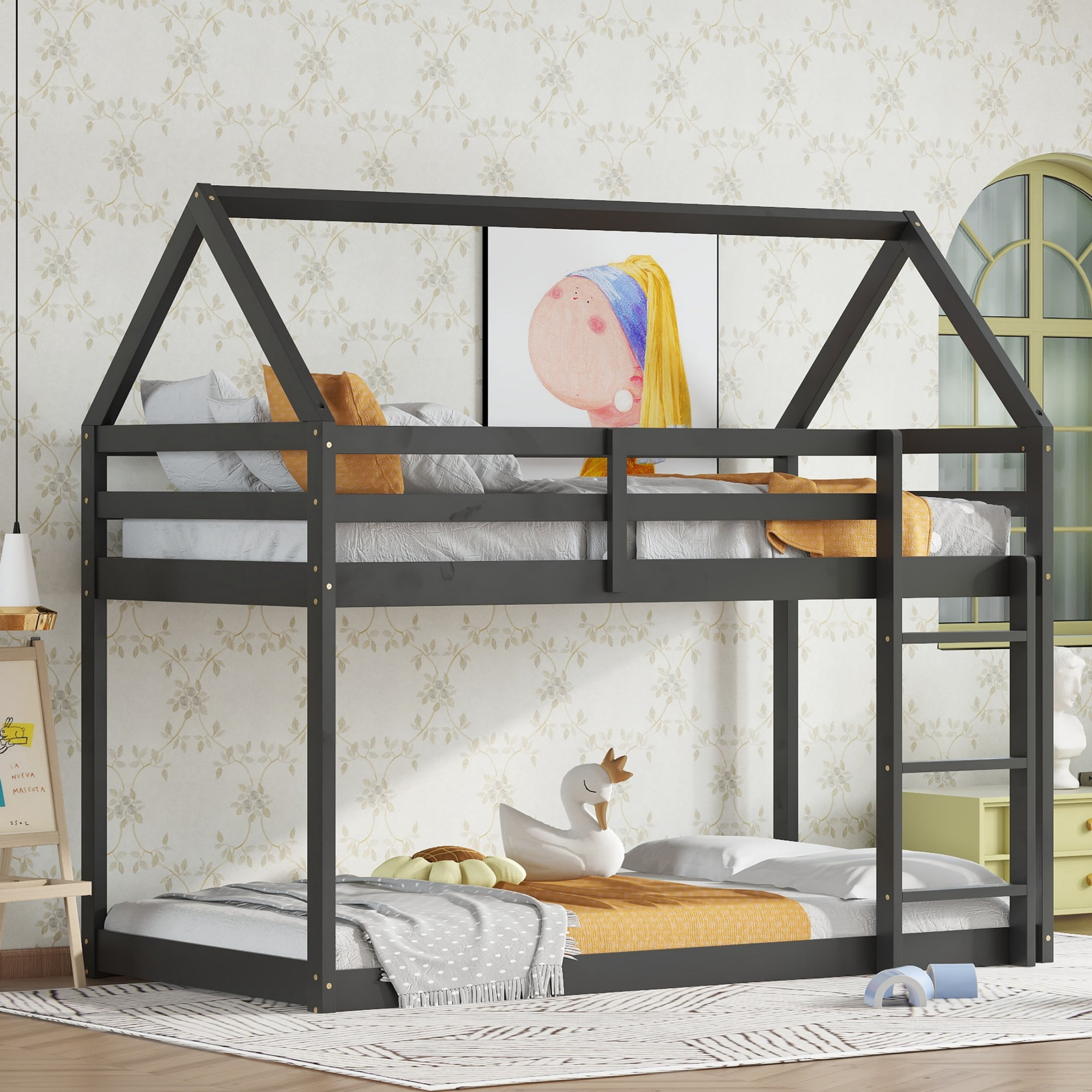 Alvantor Twin Over Twin Bunk Bed, Low House Bed with Guardrails for Kids Adults, Black