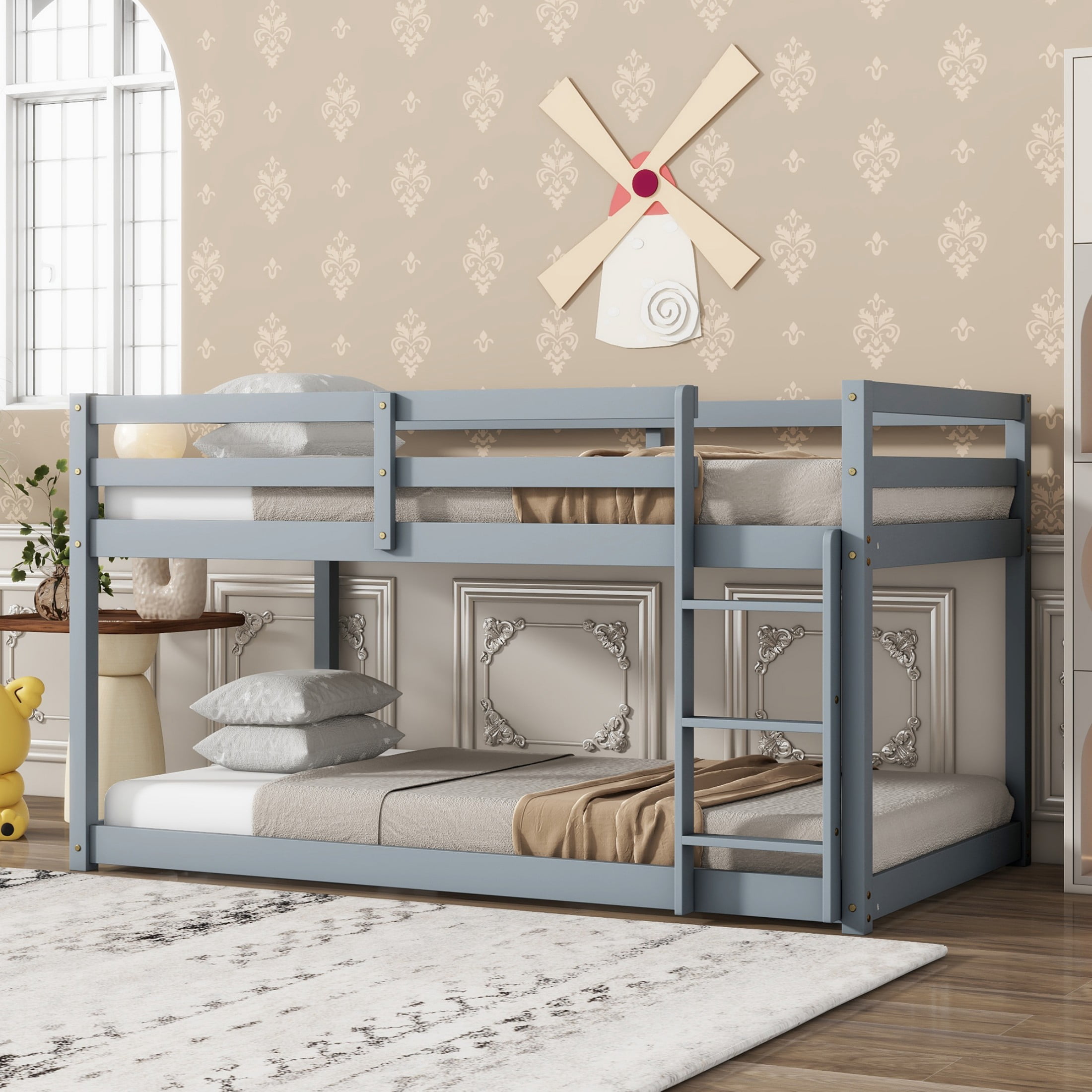 Alvantor Twin Over Twin Bunk Bed, Solid Rubber Wood Low Floor Bunk with Ladder, Grey