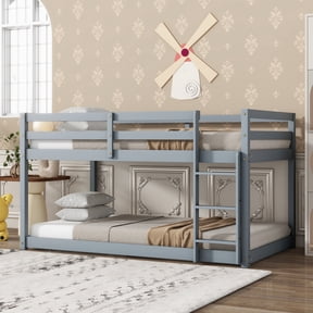 Alvantor Twin Over Twin Bunk Bed, Solid Rubber Wood Low Floor Bunk with Ladder, Grey