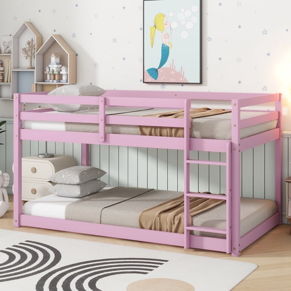 Alvantor Twin Over Twin Bunk Bed, Solid Rubber Wood Low Floor Bunk with Ladder, Pink