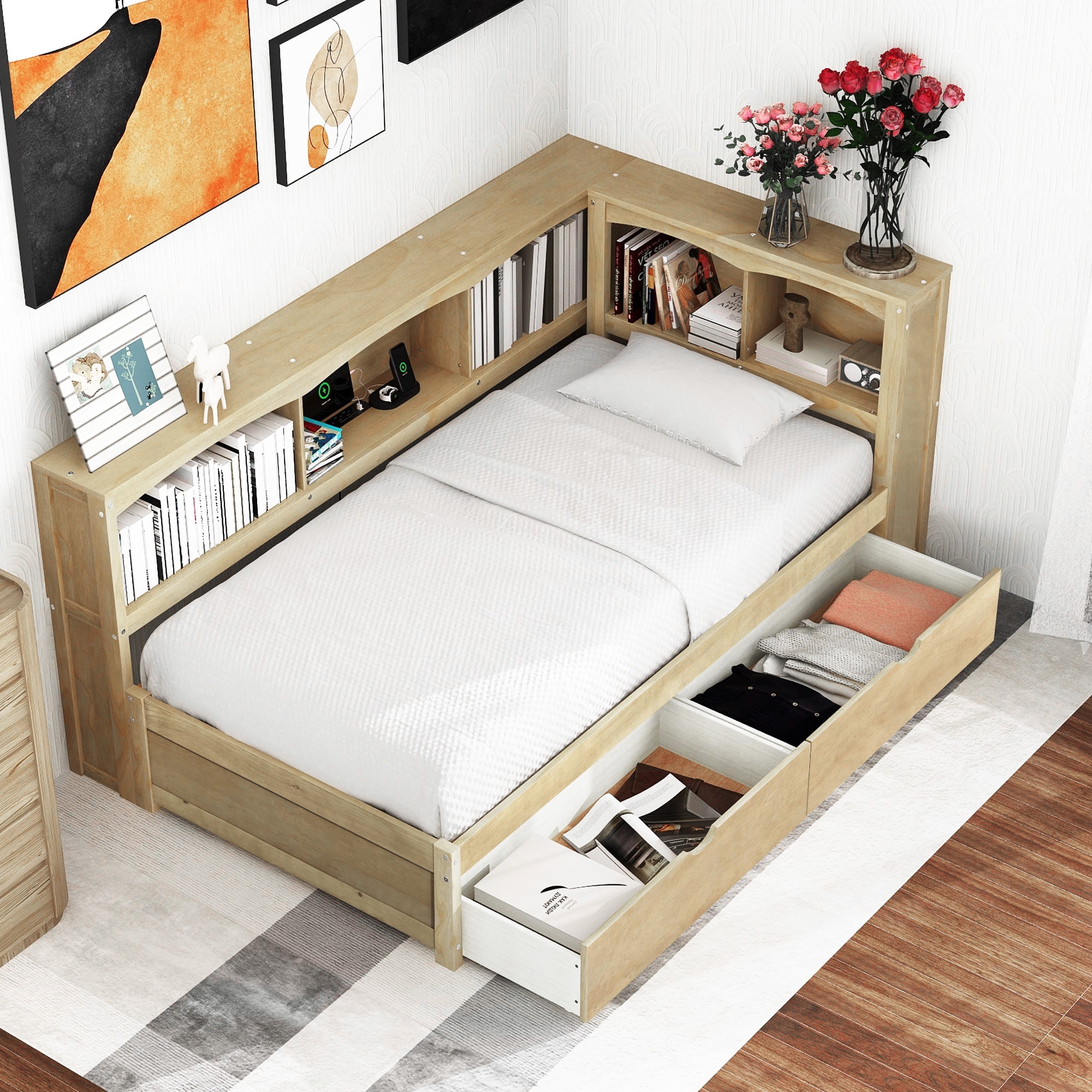 Alvantor Twin Size Daybed with Bookcase and USB Ports, Corner Bed Frame With Storage Drawers & Cabinets, Natural Wood