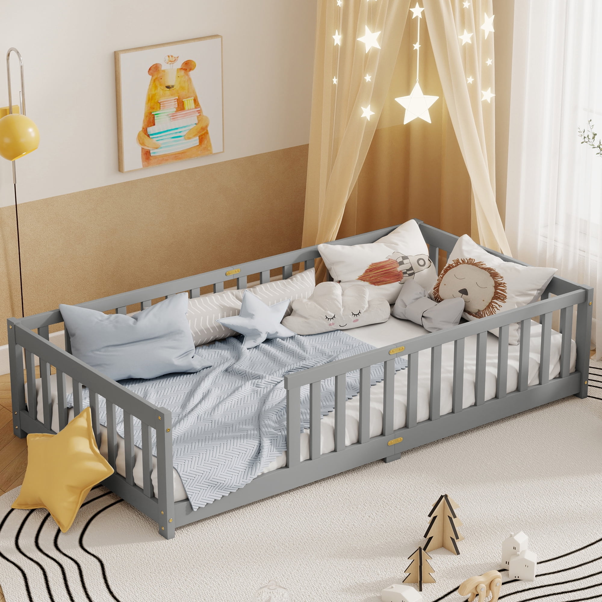 Alvantor Twin Size Floor Bed, Solid Wood Toddler Bed with Slat and Fence Guardrail, Montessori Floor Bed for Kids, Boys, Girls,Gray