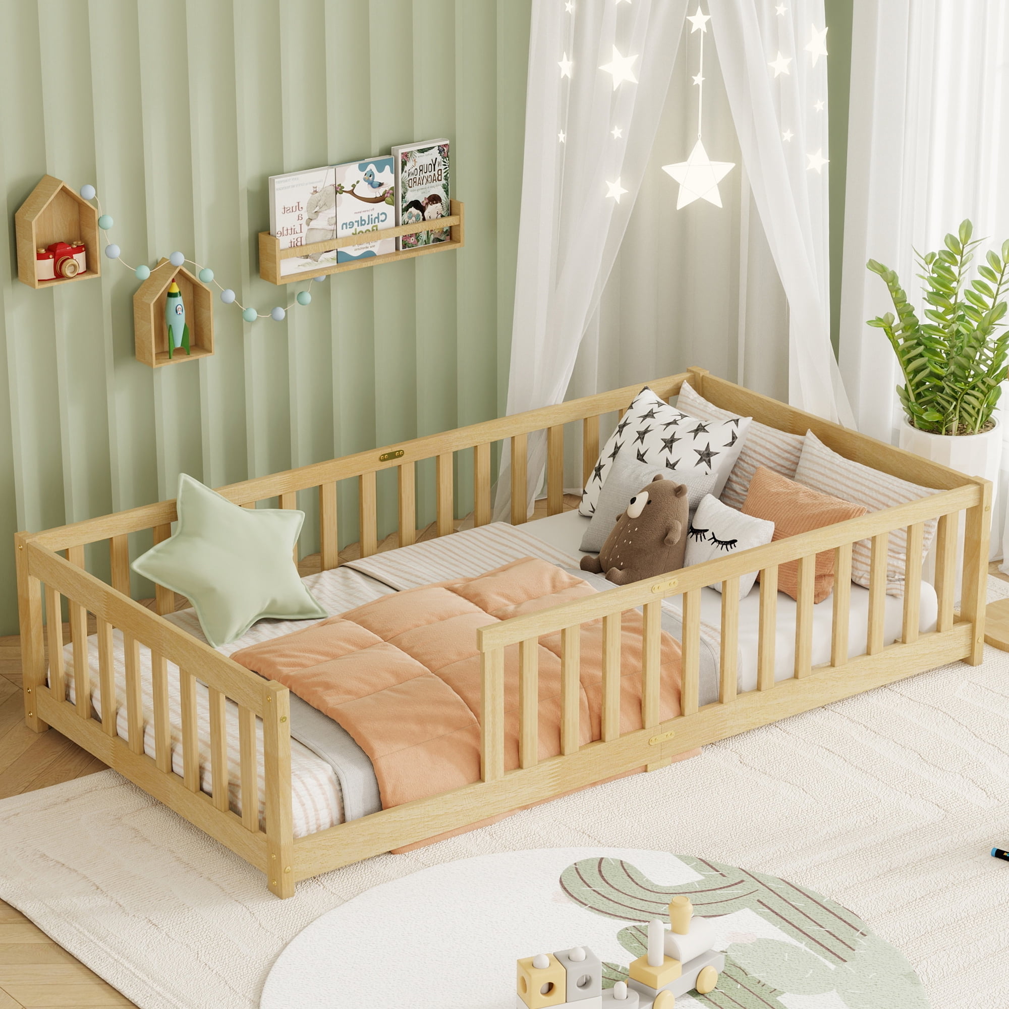 Alvantor Twin Size Floor Bed, Solid Wood Toddler Bed with Slat and Fence Guardrail, Montessori Floor Bed for Kids, Boys, Girls,Natural