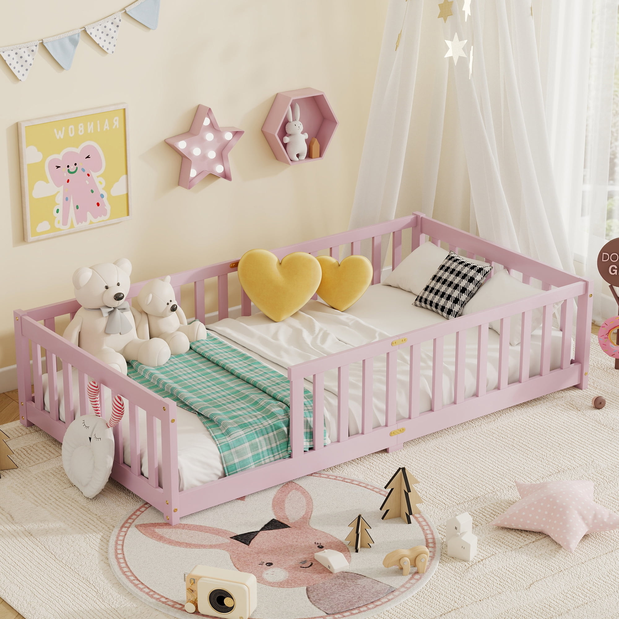Alvantor Twin Size Floor Bed, Solid Wood Toddler Bed with Slat and Fence Guardrail, Montessori Floor Bed for Kids, Boys, Girls,Pink