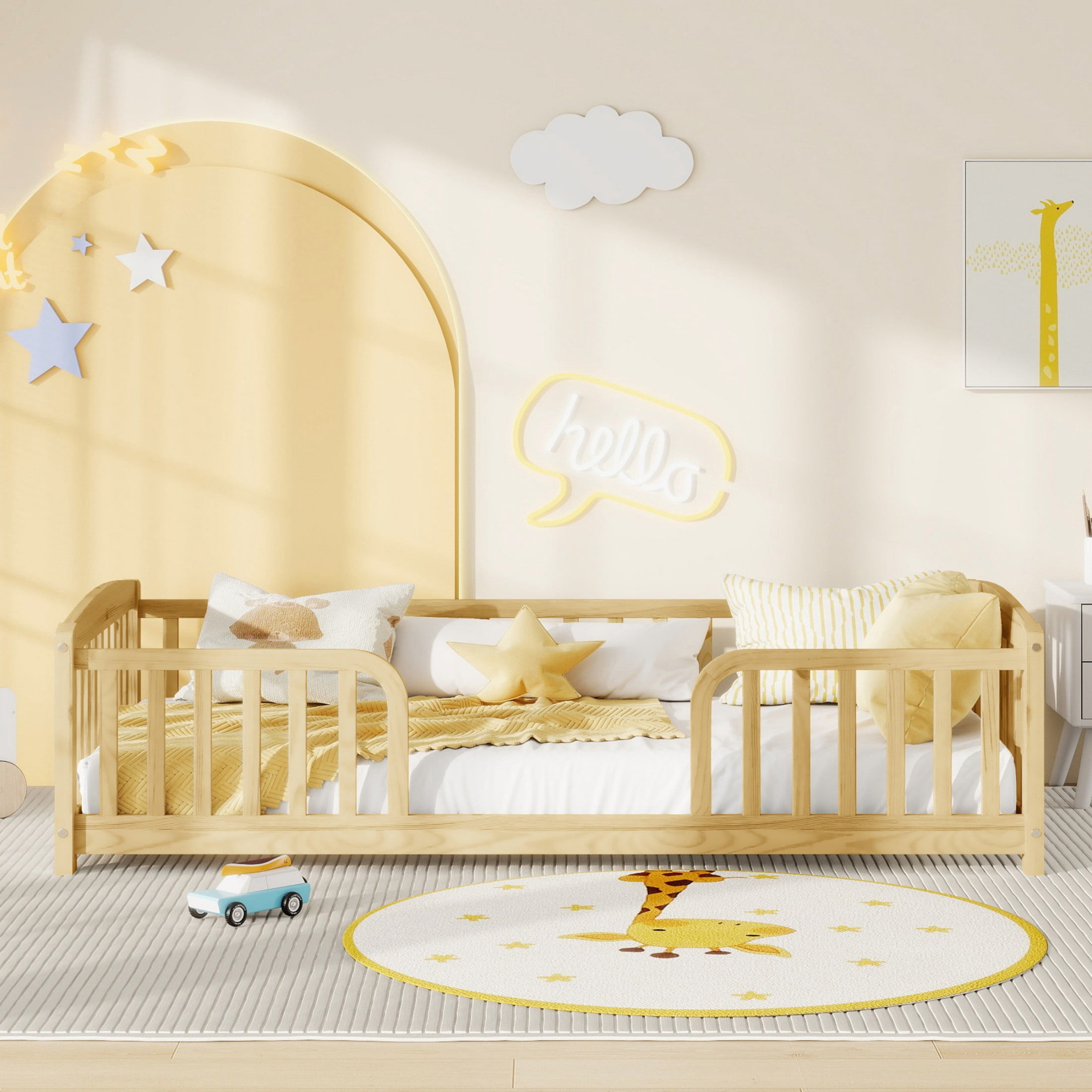 Alvantor Twin Size Floor Bed with Entrance and Guardrails – Low Montessori Wood Bed Frame for Toddlers, Natural