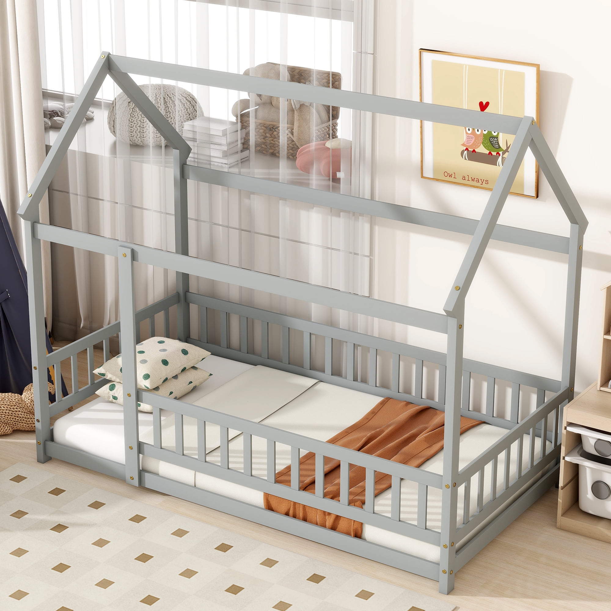 Alvantor Twin Size Floor House Bed for Toddler, Solid Wood Bed Frame with Guardrails Grey