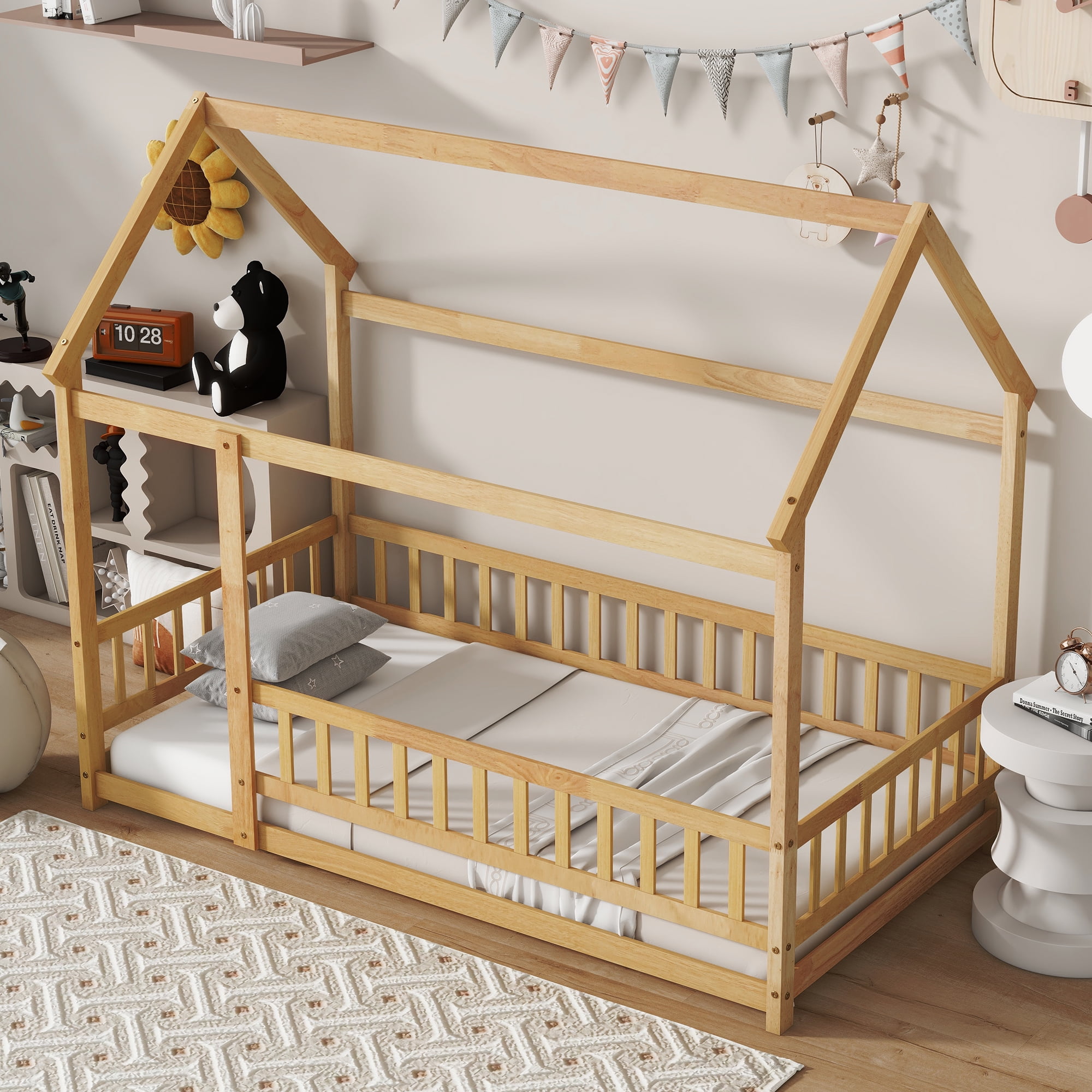Alvantor Twin Size Floor House Bed for Toddler, Solid Wood Bed Frame with Guardrails Natural