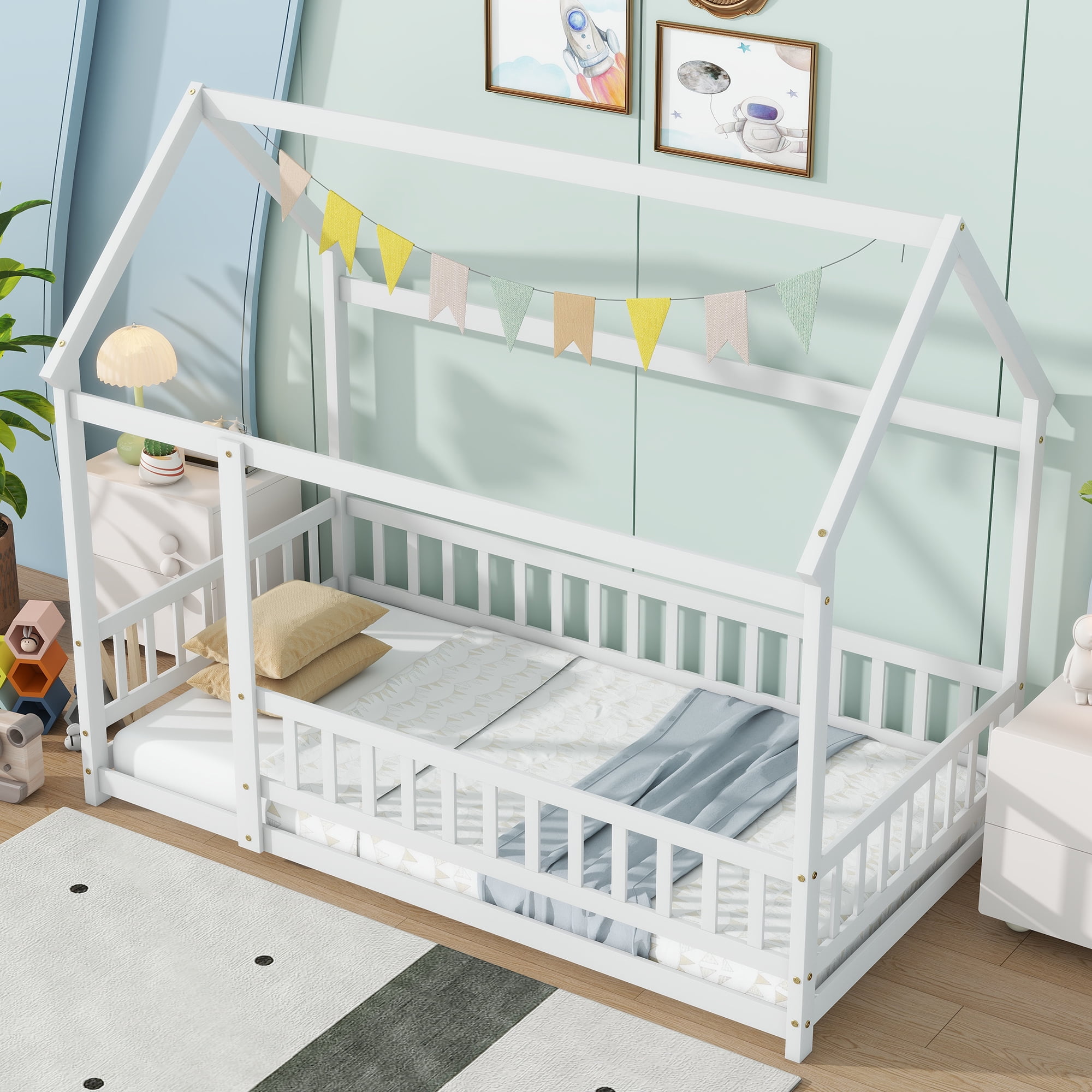 Alvantor Twin Size Floor House Bed for Toddler, Solid Wood Bed Frame with Guardrails White