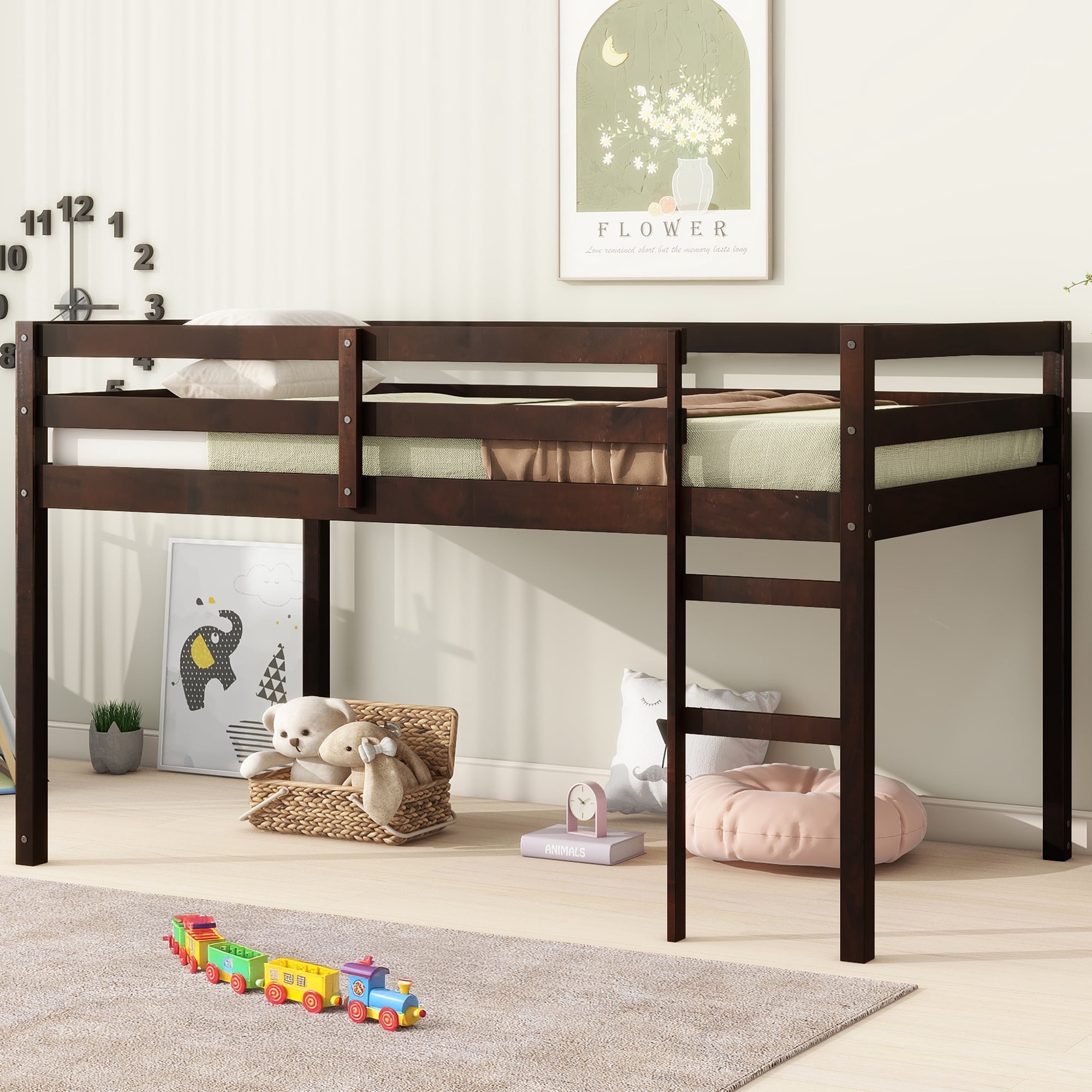 Alvantor Twin Size Kids Loft Bed with Stairs and Espresso Finish