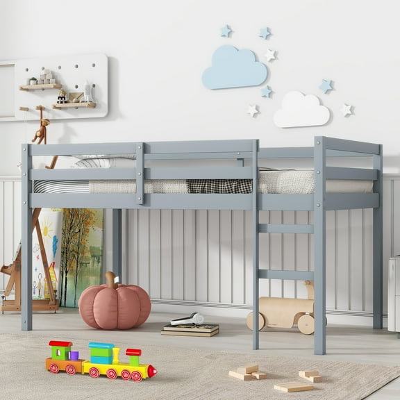 Alvantor Twin Size Loft Bed Wood Loft Bed with Stairs for Kids Boys Girls, No Box Spring Needed, Grey