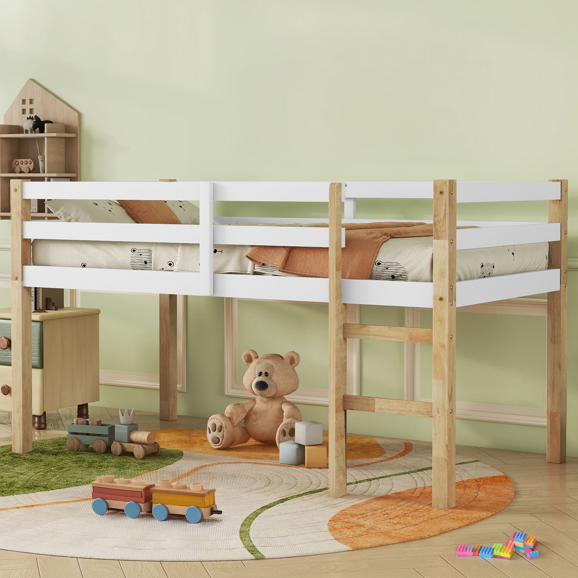 Alvantor Twin Size Loft Bed Wood Loft Bed with Stairs for Kids Boys Girls, No Box Spring Needed, Natural+White