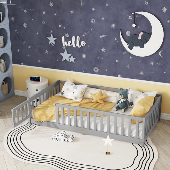 Alvantor Twin Size Montessori Floor Bed for Kids with Door and Fence, Rubber Wood Toddler Platform Bed Frame, No Box Spring Needed, Gray