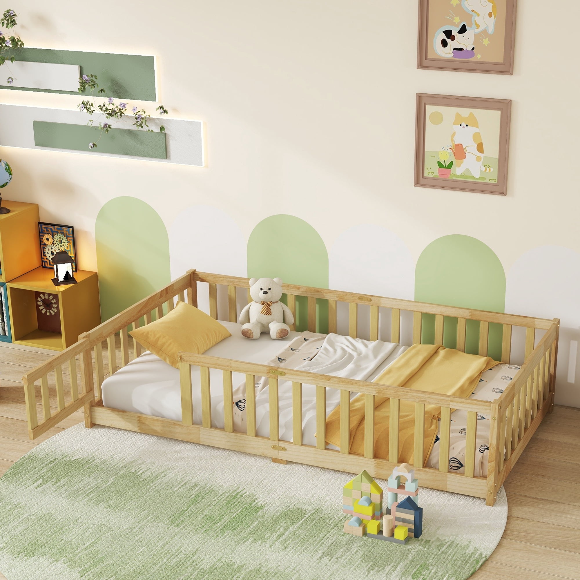 Alvantor Twin Size Montessori Floor Bed for Kids with Door and Fence, Rubber Wood Toddler Platform Bed Frame, No Box Spring Needed, Natural