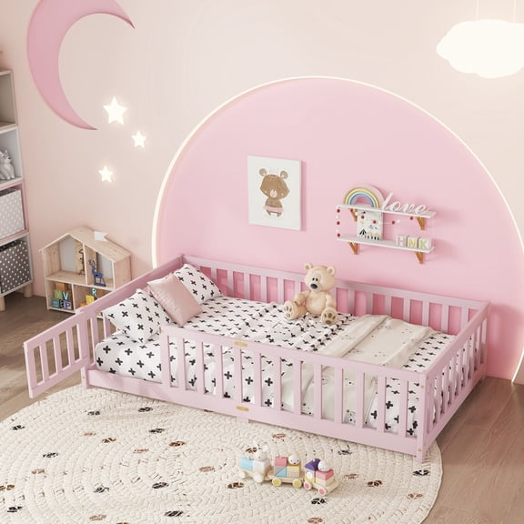 Alvantor Twin Size Montessori Floor Bed for Kids with Door and Fence, Rubber Wood Toddler Platform Bed Frame, No Box Spring Needed, Pink