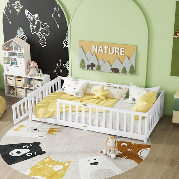 Alvantor Twin Size Montessori Floor Bed for Kids with Door and Fence, Rubber Wood Toddler Platform Bed Frame, No Box Spring Needed, White