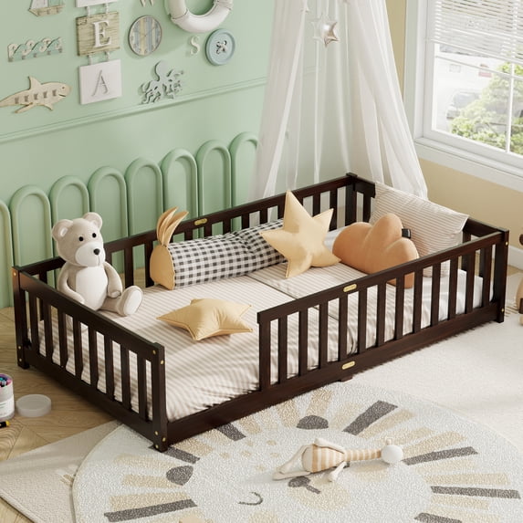 Alvantor Twin Size Montessori Floor Bed for Kids with Rails, Rubber Wood Toddler Bed Frame Low to Ground, No Box Spring Needed, Espresso