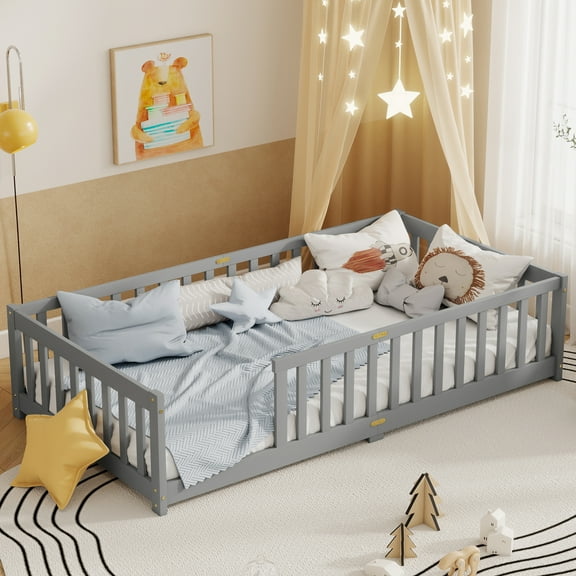 Alvantor Twin Size Montessori Floor Bed for Kids with Rails, Rubber Wood Toddler Bed Frame Low to Ground, No Box Spring Needed, Gray