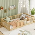 thumbnail image 1 of Alvantor Twin Size Montessori Floor Bed for Kids with Rails, Rubber Wood Toddler Bed Frame Low to Ground, No Box Spring Needed, Natural, 1 of 7