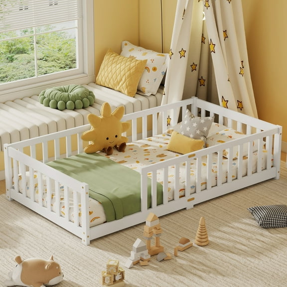 Alvantor Twin Size Montessori Floor Bed for Kids with Rails, Rubber Wood Toddler Bed Frame Low to Ground, No Box Spring Needed, White