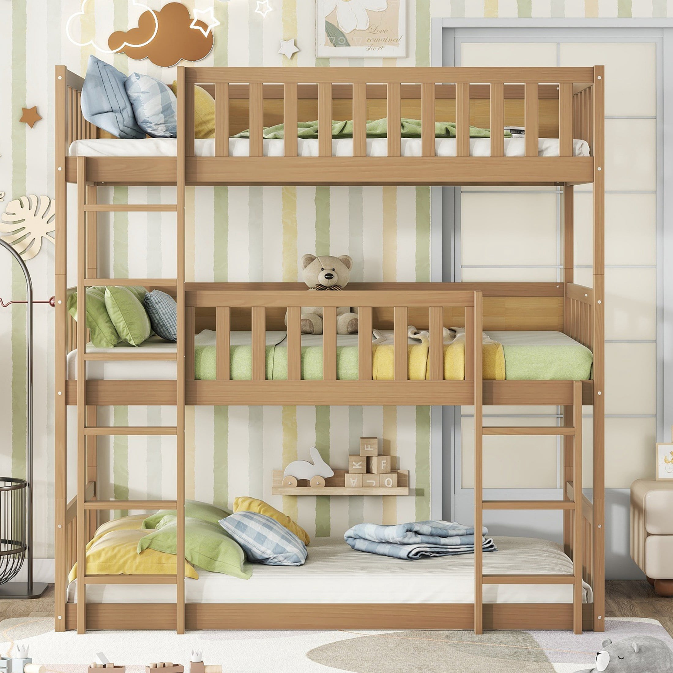 Alvantor Twin Triple Bunk Bed, Twin Over Twin Over Twin Bed Frame Detachable Rubber Wood with Ladders Guardrails for Teens Adults, Natural