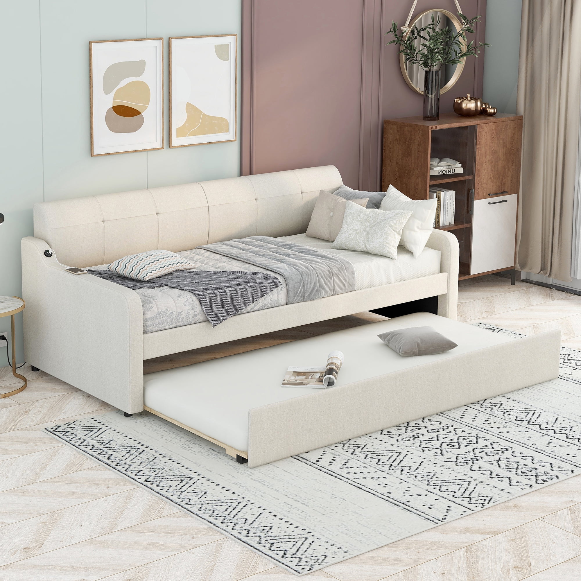 Alvantor Twin Upholstered Daybed with Trundle, Wood Sofa Bed With USB Port for Living Room Bedroom, Beige
