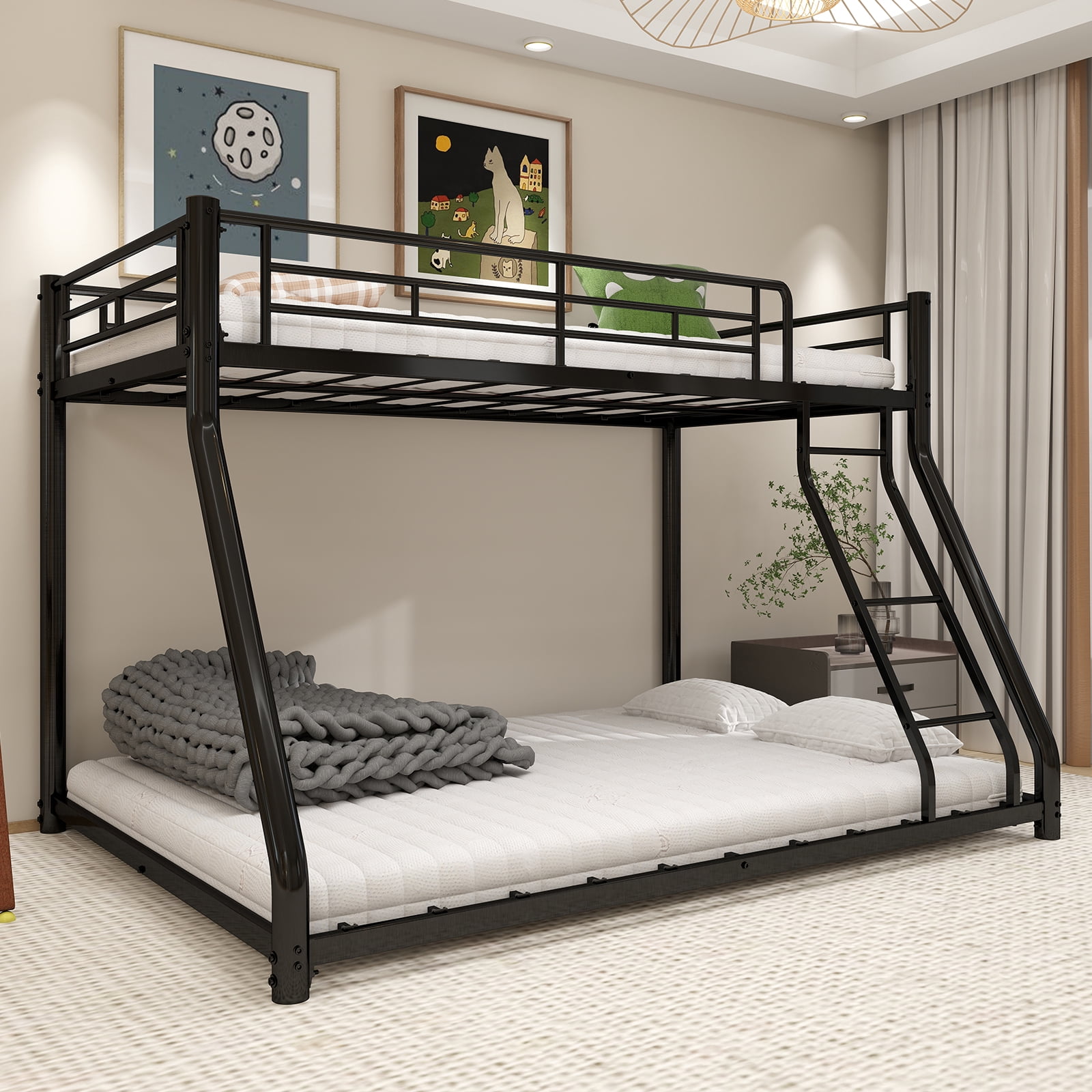 Alvantor Twin over Full Bunk Bed for Kids & Adults Low Metal Heavy-Douty Bunk Beds Frame with Full-Length Guardrails Black