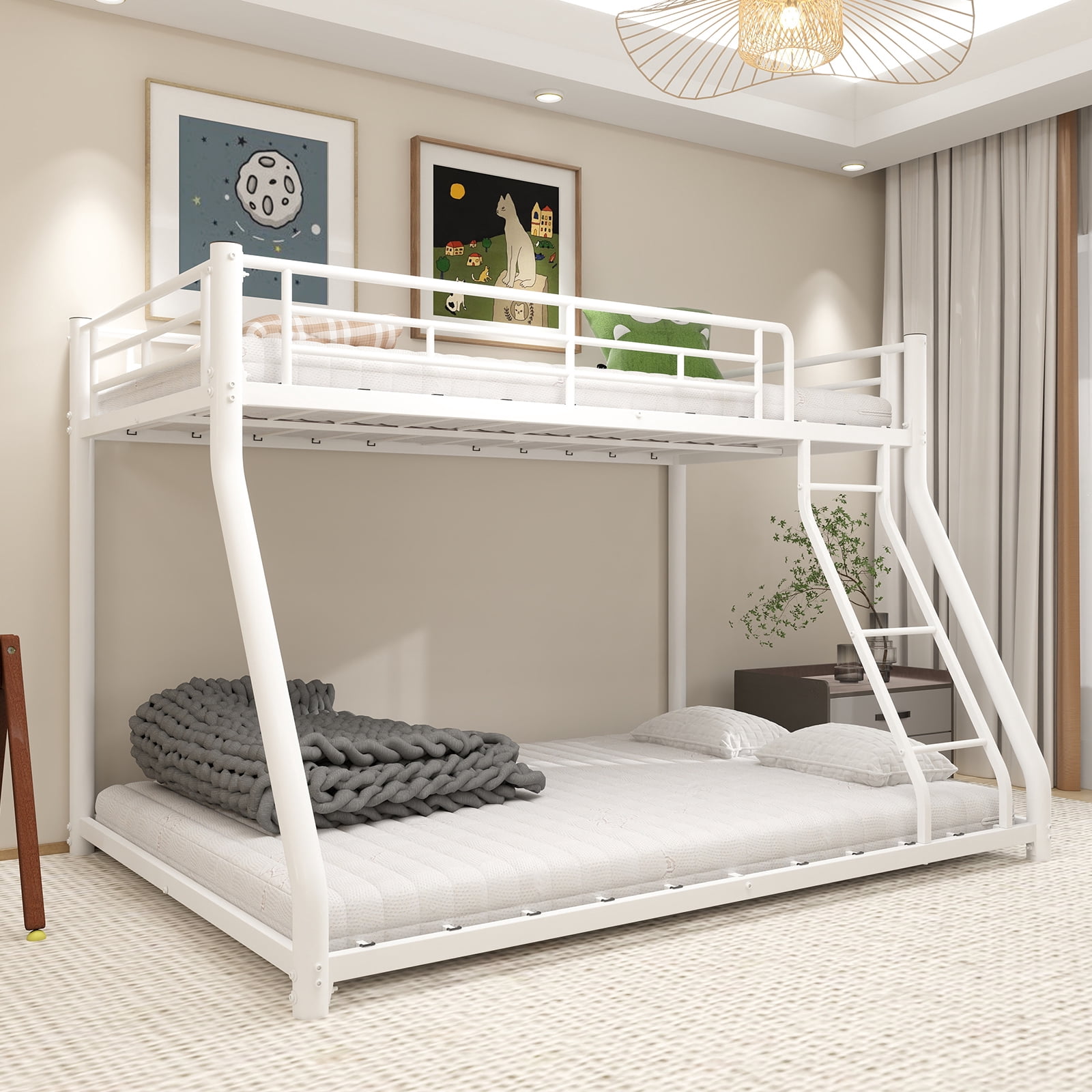 Alvantor Twin over Full Bunk Bed for Kids & Adults Low Metal Heavy-Douty Bunk Beds Frame with Full-Length Guardrails White