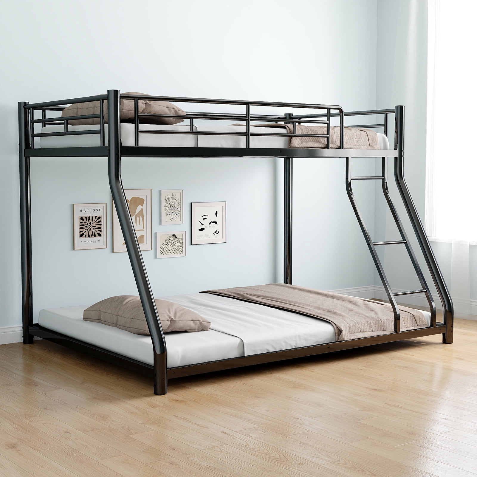 Alvantor Twin over Full Bunk Bed for Kids Teens, Heavy Duty Meta Bed Frame with Guardrail and Ladder Black