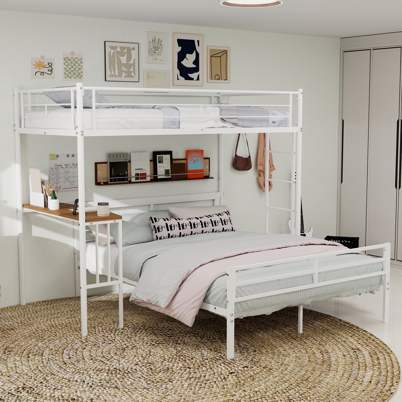 Alvantor Twin over Full Bunk Bed with Desk, Metal Bunk Bed Frame for Kids/Teens, No Box Spring Needed White