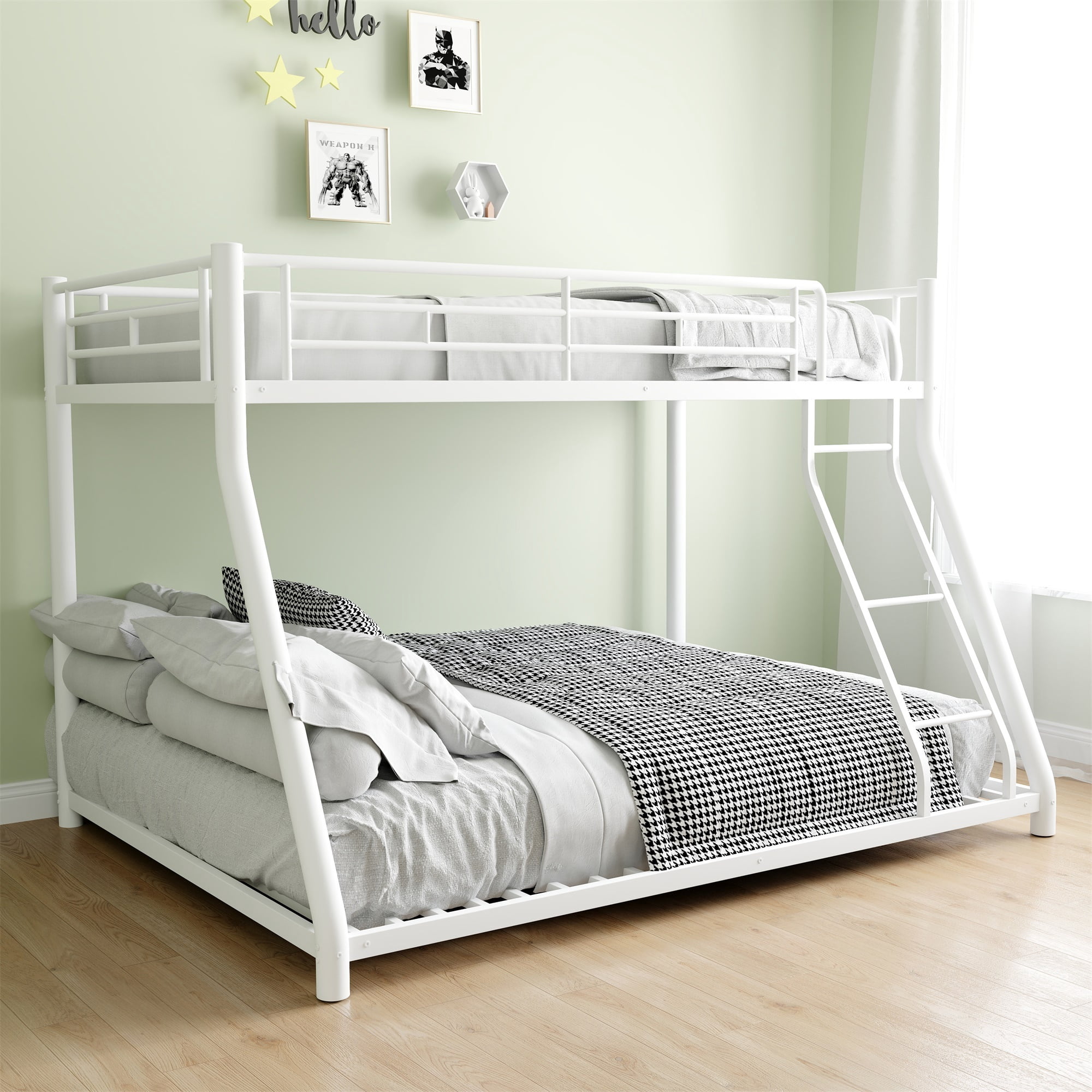 Alvantor Twin over Full Size Metal Bunk Bed for Kids Teens, Heavy Duty Ded Frame with Guardrail and Ladder White