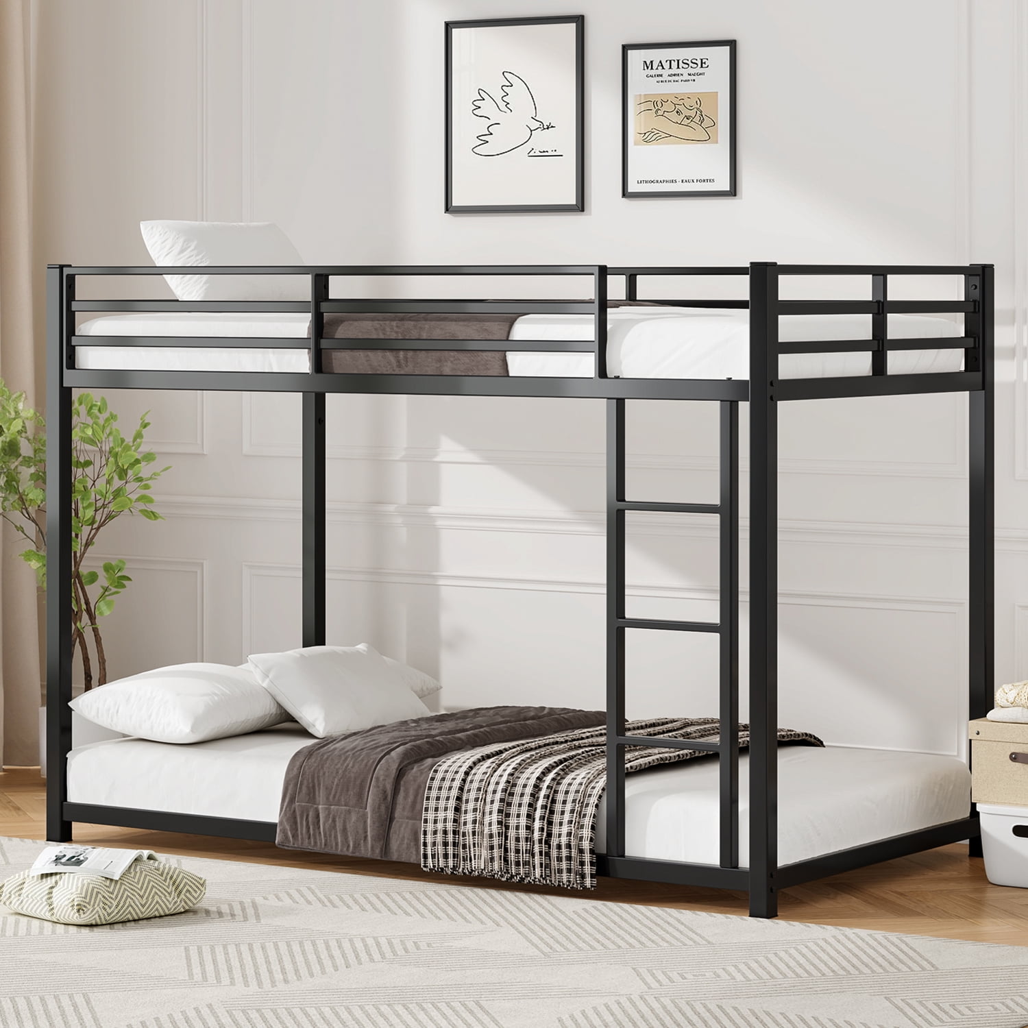 Alvantor Twin over Twin Bunk Bed with Stairs, Metal Low Bunk Bed Frame,Easy Assembly Black