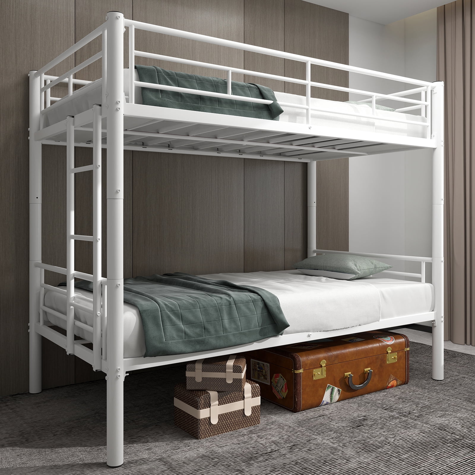 Alvantor Twin over Twin Bunk Beds Convertible 2 Beds Metal Heavy-duty Bed Frame for Kids Teens with Ladders & Guardrail White