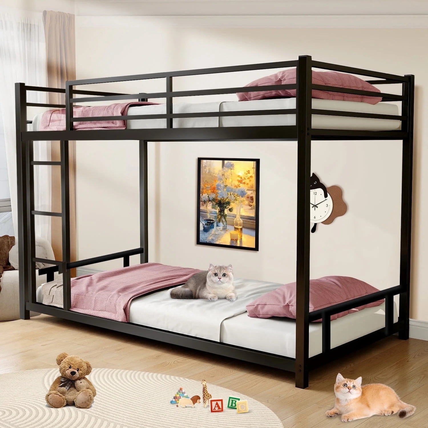 Alvantor Twin over Twin Bunk Beds for Kids Teens, Heavy Duty Low Bunkbeds with Ladder and Safety Guardrails Black