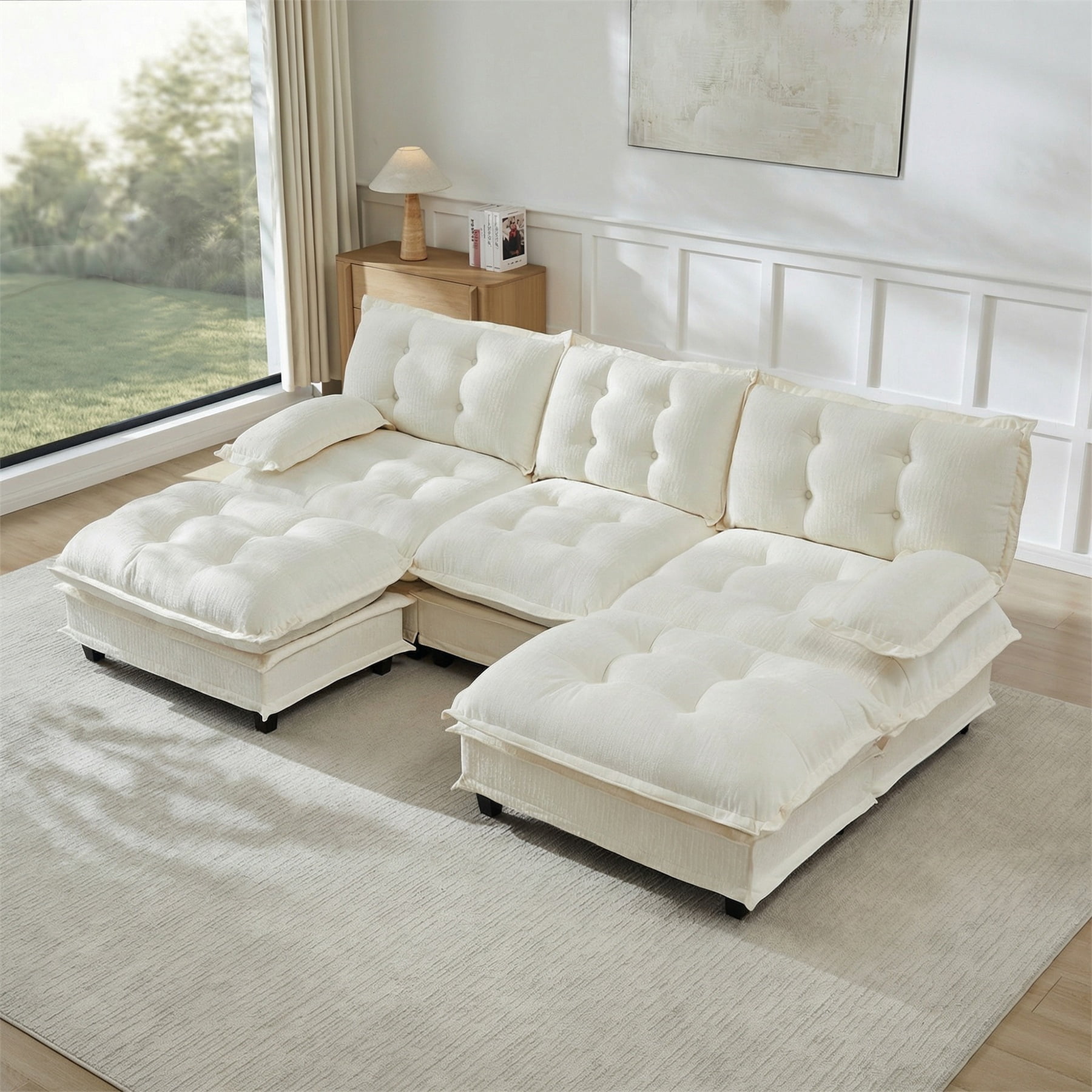 Alvantor U-Shaped Sectional Sofa 3-Seater Cloud Couch for Living Room, Easy Assembly Beige