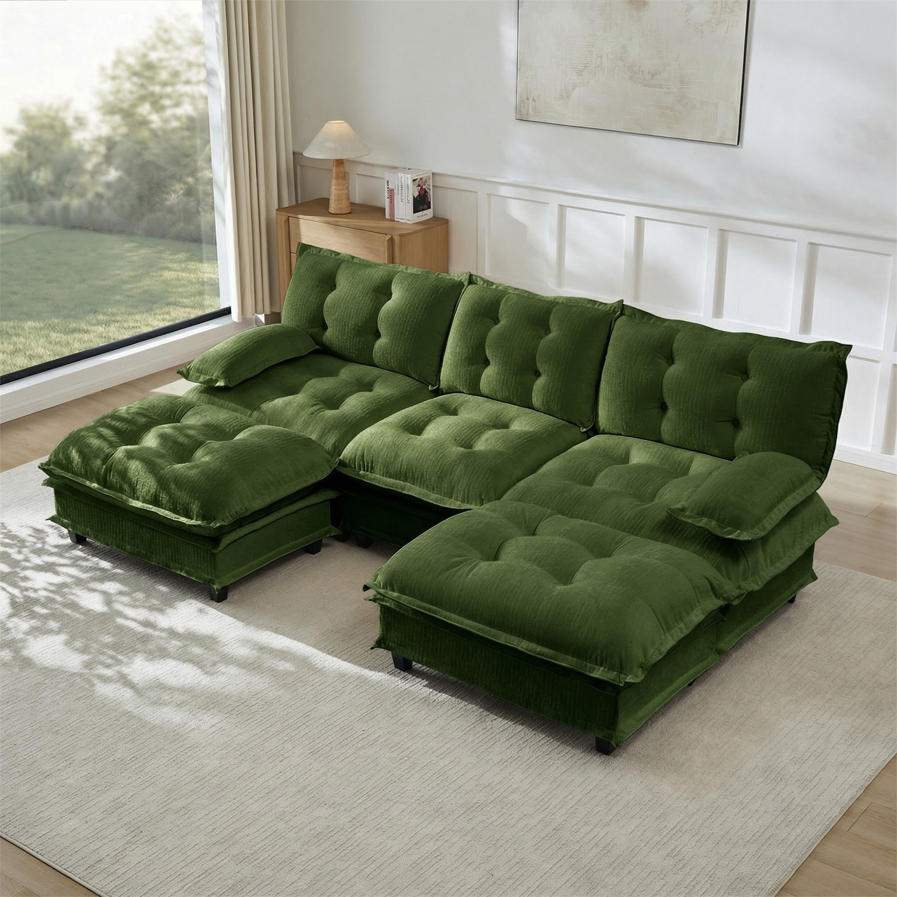 Alvantor U-Shaped Sectional Sofa 3-Seater Cloud Couch for Living Room, Easy Assembly Green
