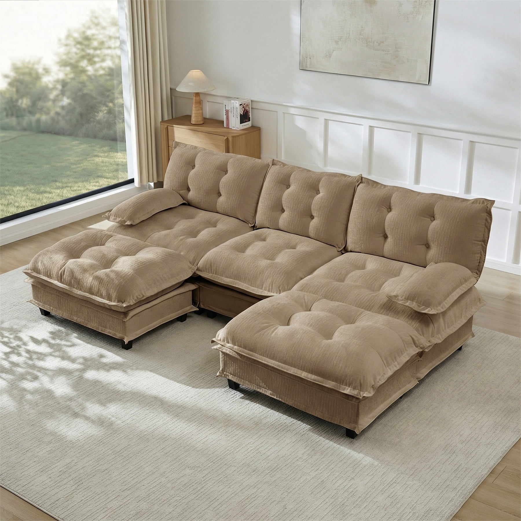 Alvantor U-Shaped Sectional Sofa 3-Seater Cloud Couch for Living Room, Easy Assembly Light coffee