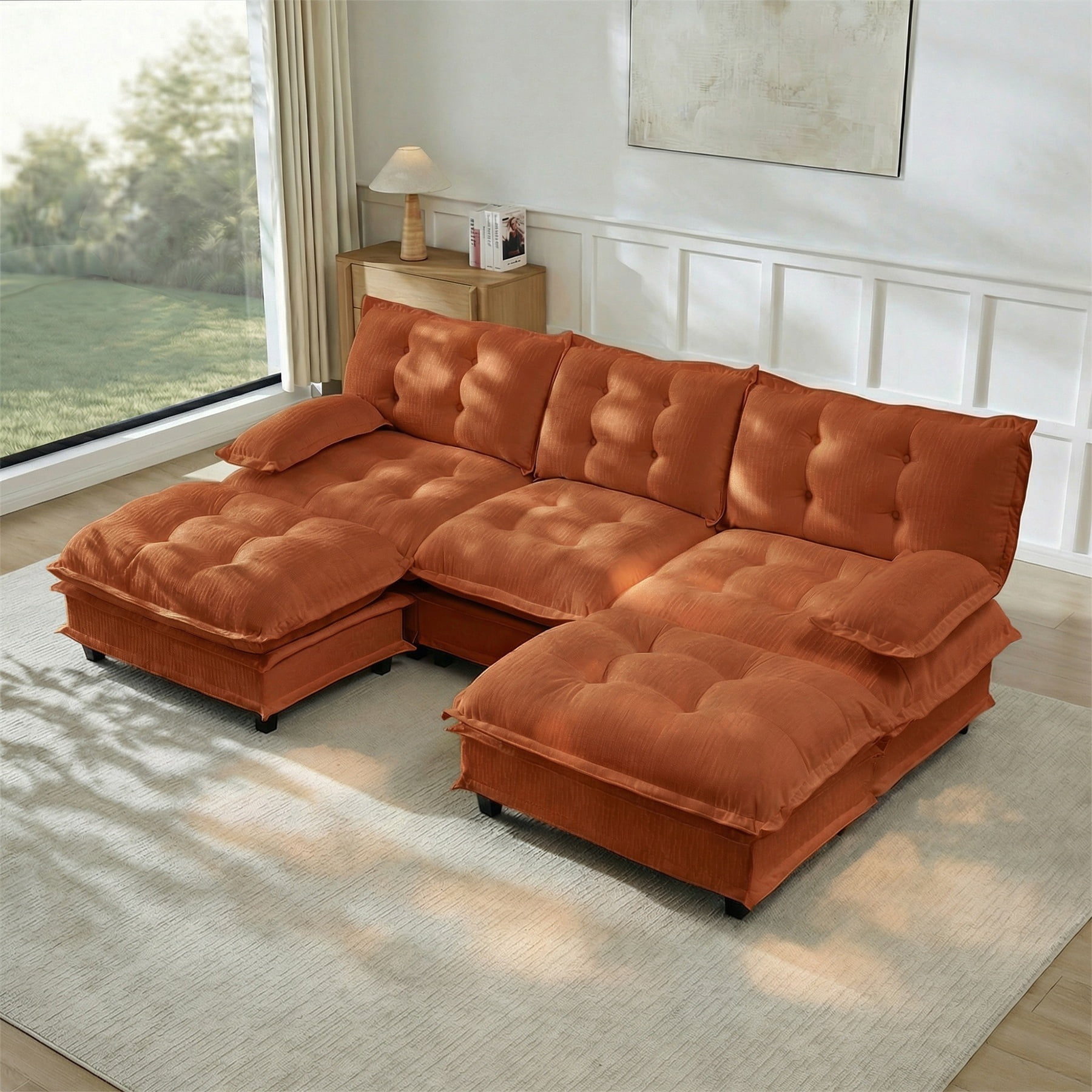 Alvantor U-Shaped Sectional Sofa 3-Seater Cloud Couch for Living Room, Easy Assembly Orange