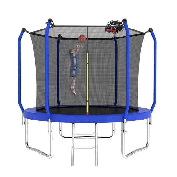 Alvantor Upgrade Kids Trampoline 8Ft Round Trampolines with Basketball Hoop & Enclosure Net, Age 3-10 Blue