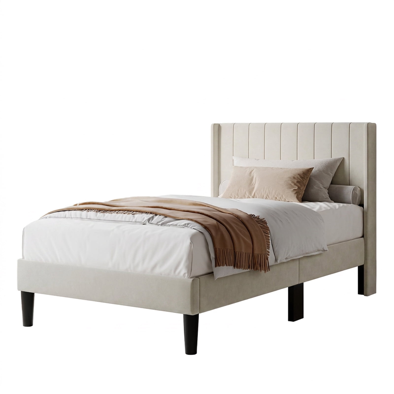 Alvantor Upholstered Bed Frame, Fabric-covered Wing-shaped Headboard and Wooden Crossbars, Bed Frame with Storage Space, Easy Assembly, Noise Free, No Box Spring Needed
