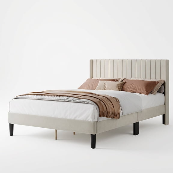 Alvantor Upholstered Bed Frame, Fabric-covered Wing-shaped Headboard and Wooden Crossbars, Bed Frame with Storage Space, Easy Assembly, Noise Free, No Box Spring Needed