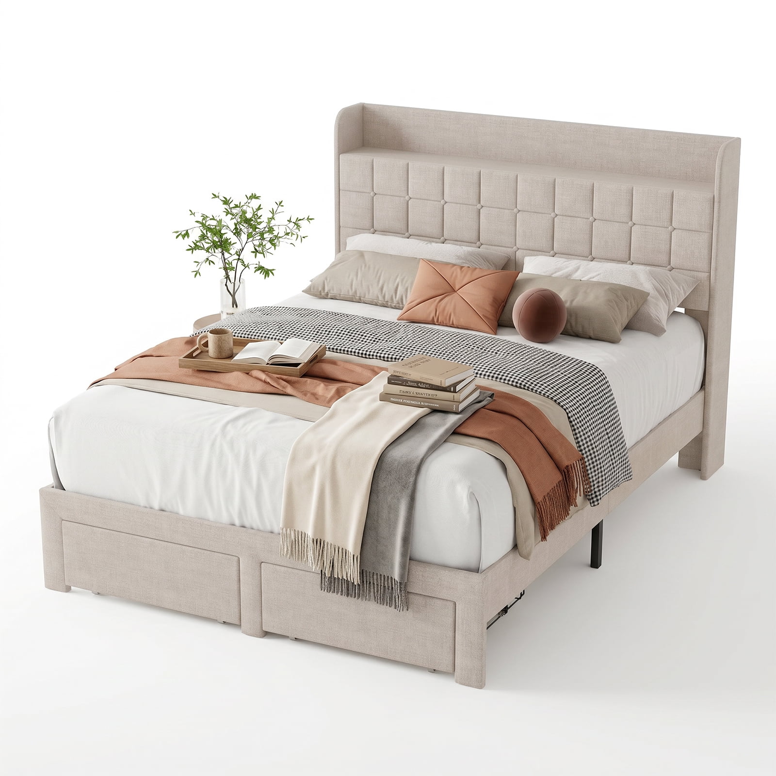 Alvantor Upholstered Bed Frame with 2 Storage Drawers and Fabric Headboard, Full Size, Heavy Duty Metal Platform, Easy Assembly