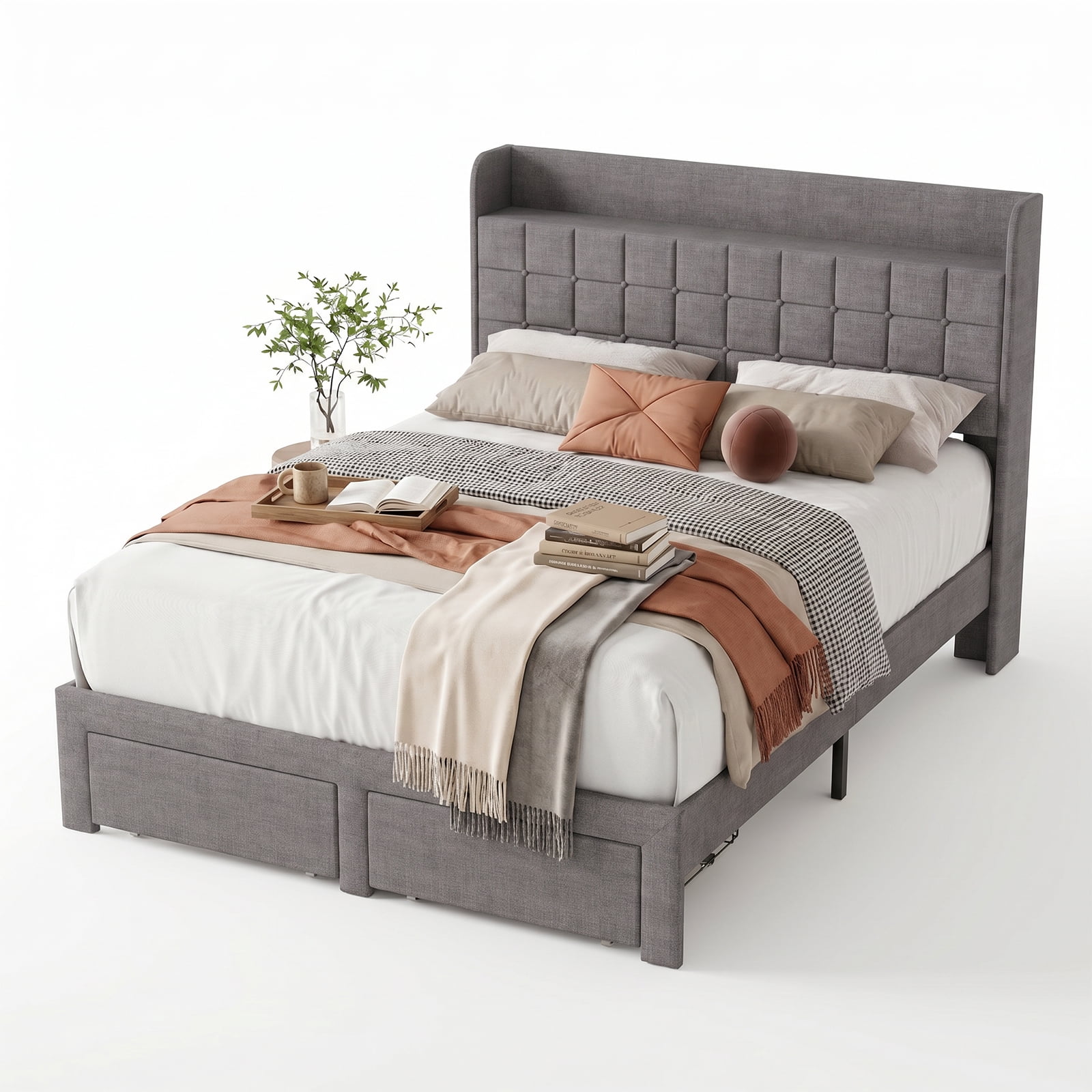 Alvantor Upholstered Bed Frame with 2 Storage Drawers and Fabric Headboard, Full Size, Heavy Duty Metal Platform, Easy Assembly