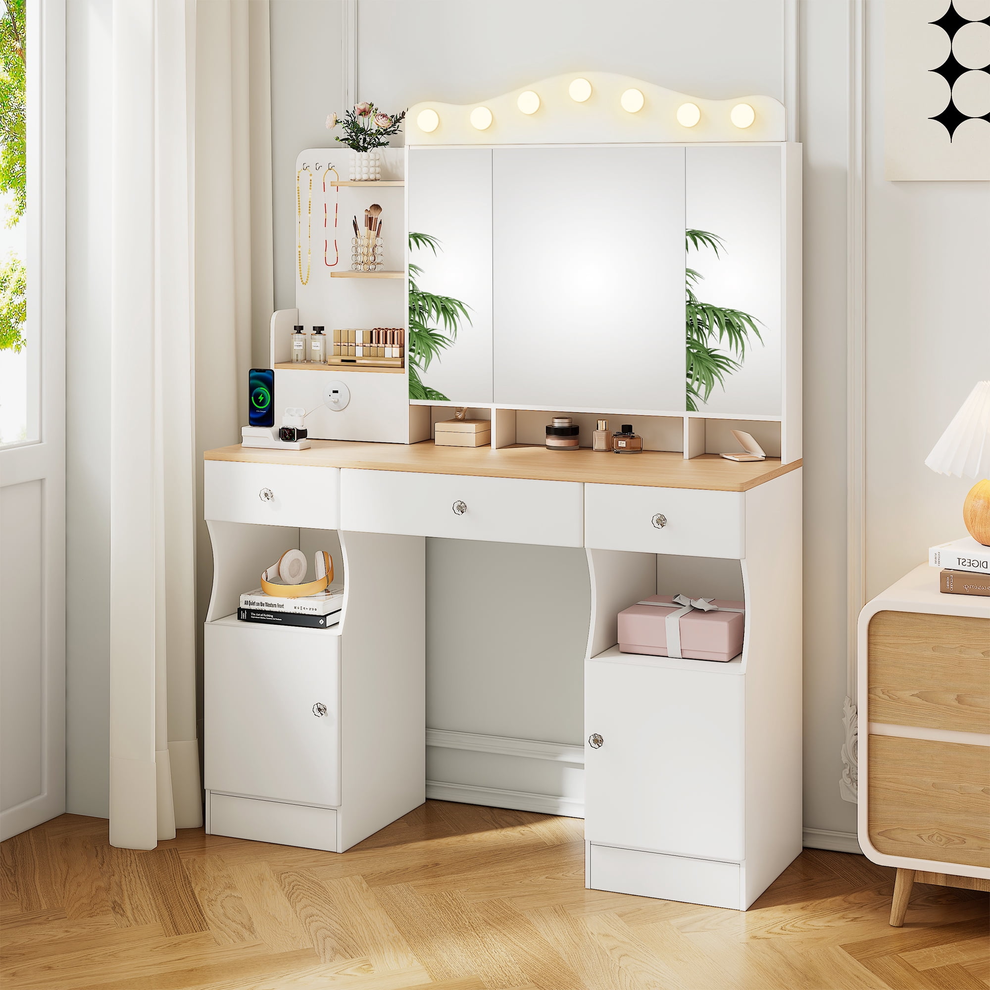 Alvantor Vanity Desk with Tri-Fold Mirror and LED Lights, Makeup Table for Adults with USB Ports and Drawers, White