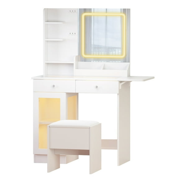 Alvantor Vanity Desk with LED Mirror and USB, Glass Top Makeup Table Set in White