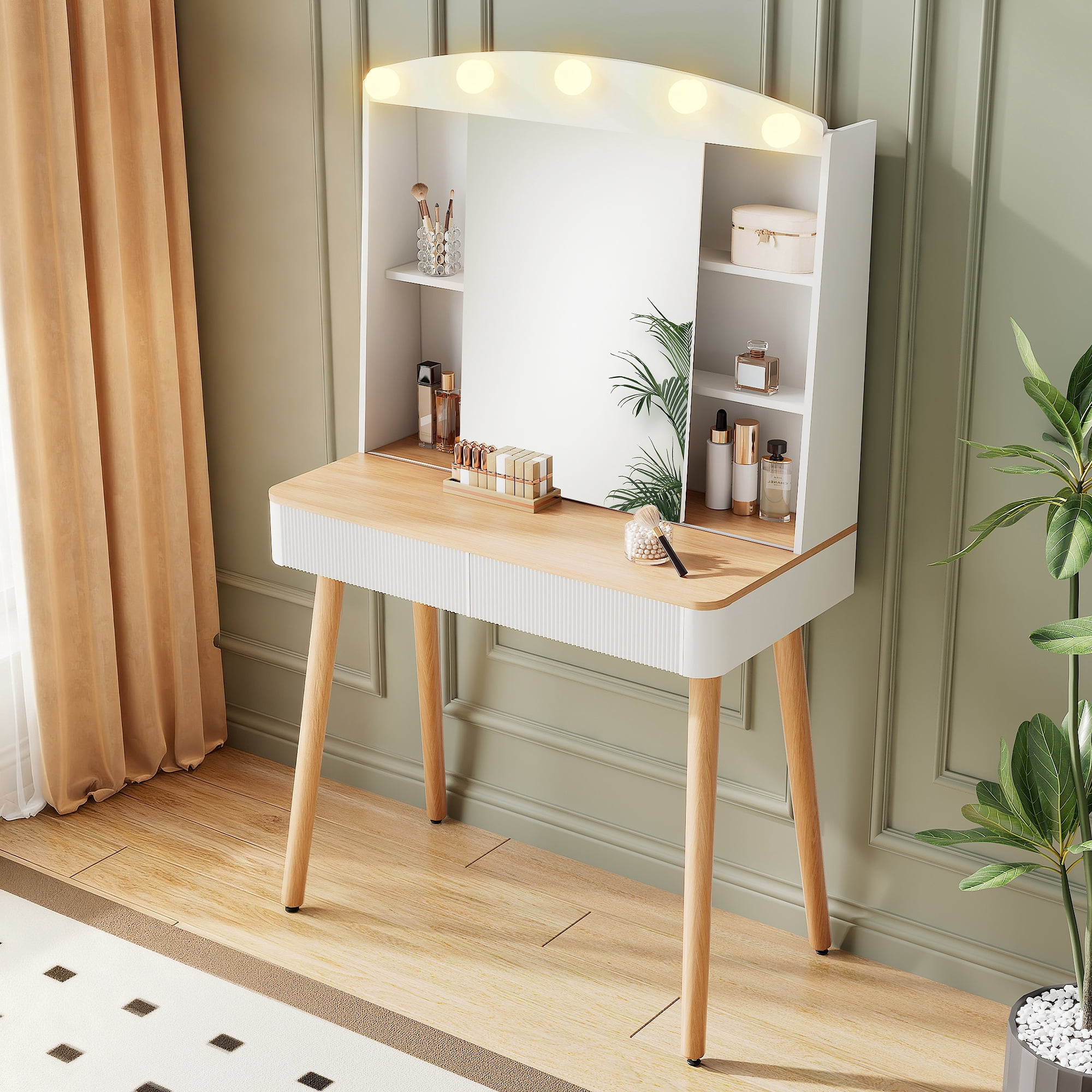 Alvantor Vanity Desk with Sliding Mirror and Adjustable Lights, 2 Fluted Drawers and Storage, White Makeup Table for Adults