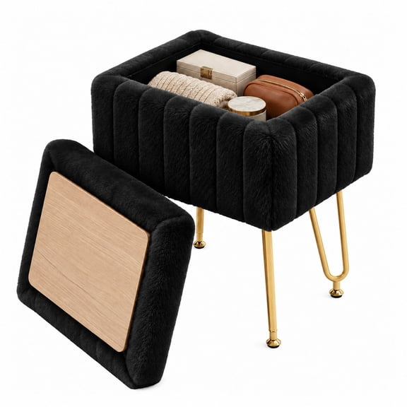 Alvantor Vanity Stool with 10 L Storage, Faux Fur Padded Seat and Gold Metal Legs, Black, 15.94 x 12.20 x 19.09 in