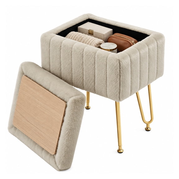 Alvantor Vanity Stool with 10 L Storage, Faux Fur Padded Seat and Gold Metal Legs, Camel, 15.94 x 12.20 x 19.09 in