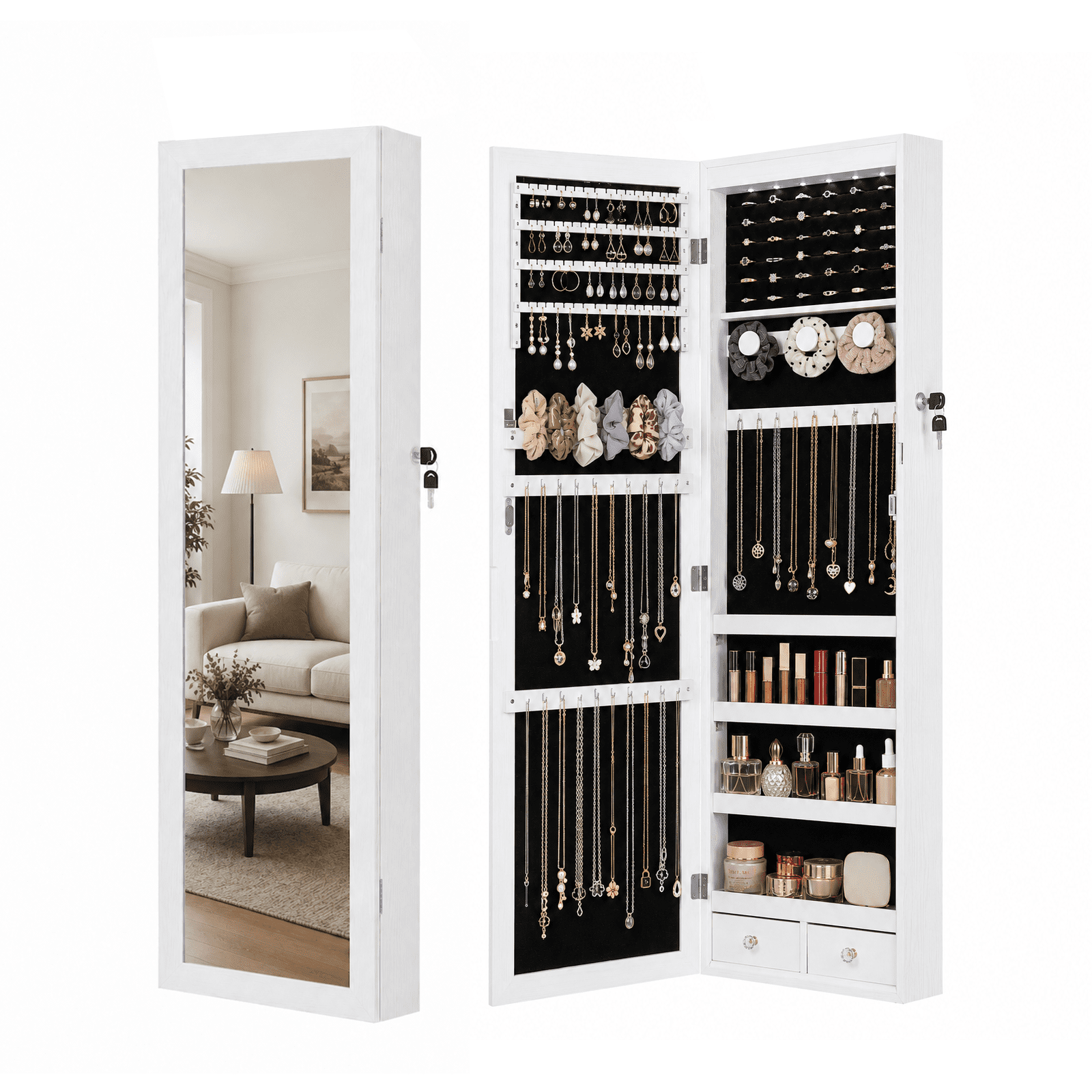 Alvantor Wall/Door Mount LED Mirror Jewelry Organizers and Storage, Lockable Makeup Storage Cabinet, White