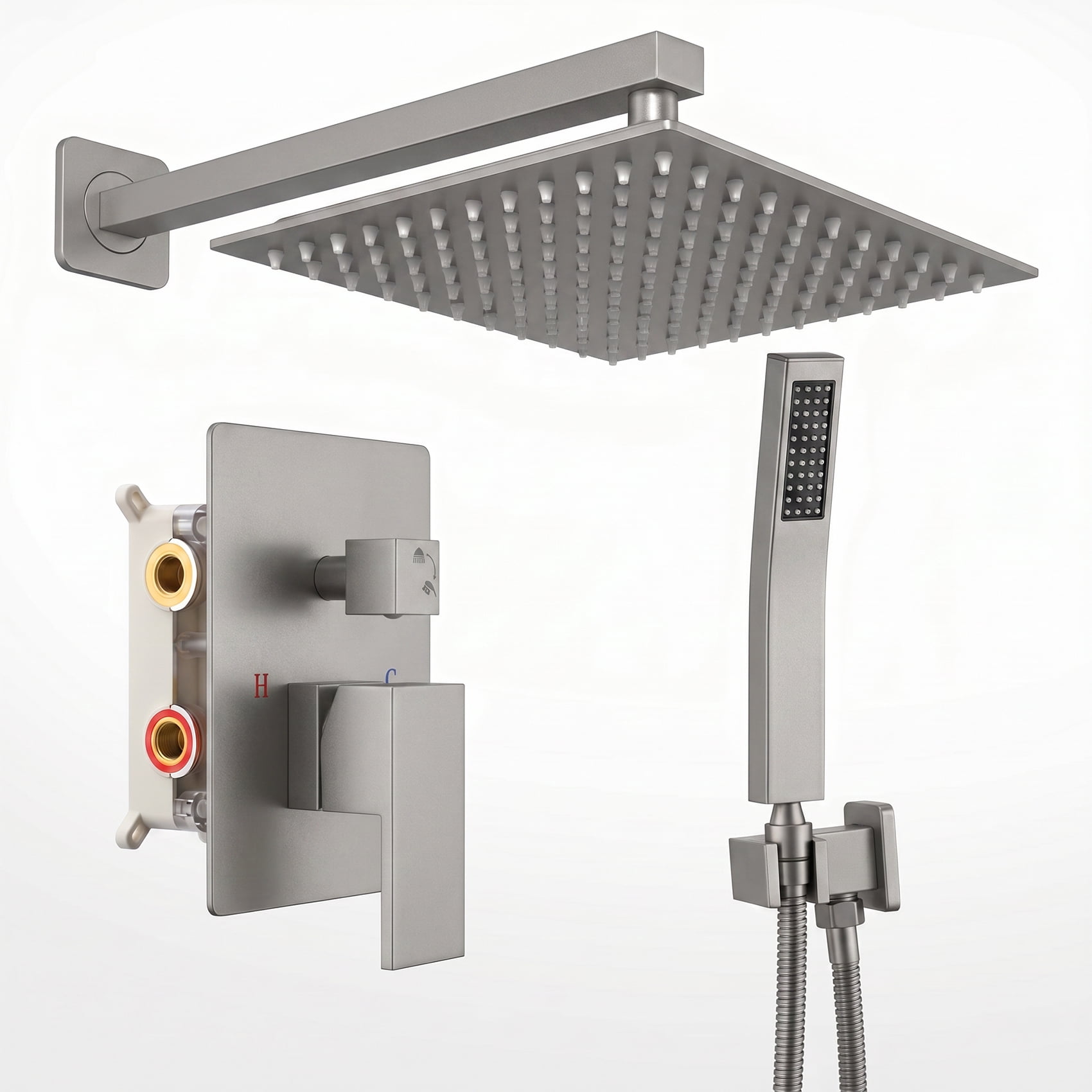 Alvantor Wall-Mounted Shower Faucet Set, 10/12 Inch Square Overhead Spray and Handheld Shower Head with Pressure Balance and Temperature Control Valve